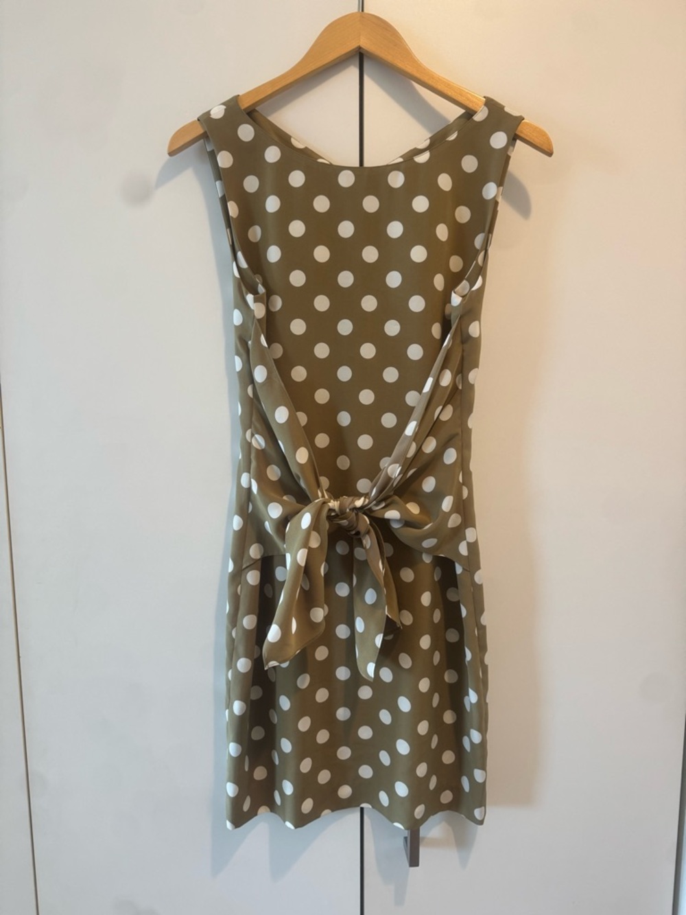 Sleeveless Olive Green Polka Dot Mini Dress with Waist Tie